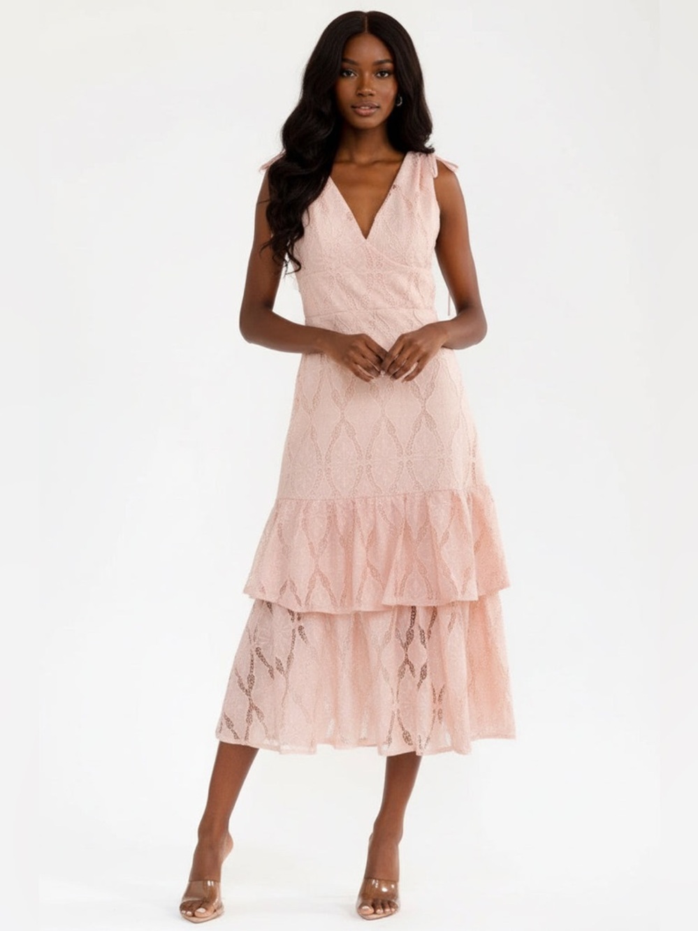 Sleeveless Lace Tiered Midi Dress - Blush Pink